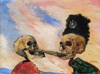 Τζαίημς Ένσορ, "Δυο σκελετοί παλεύουν για μια ρέγγα τουρσί", 1891