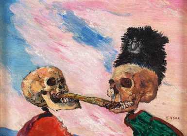 Τζαίημς Ένσορ, «Δυο σκελετοί παλεύουν για μια ρέγγα τουρσί», 1891