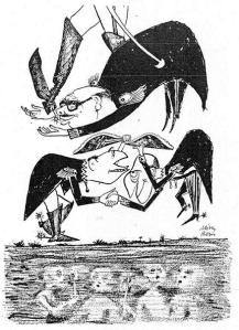 Σχέδιο του Μίνου Αργυράκη, από το λεύκωμα «Η πολιτεία έπλεε εις την μελανόλευκον».