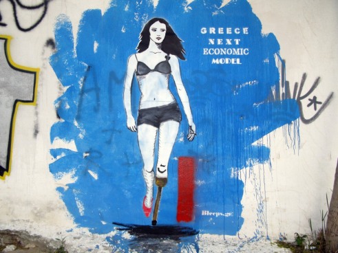 Γκράφιτι σε δρόμο της Αθήνας από τους Bleeps.gr. Φωτογραφία: Sylvia Poggioli (www.npr.org)